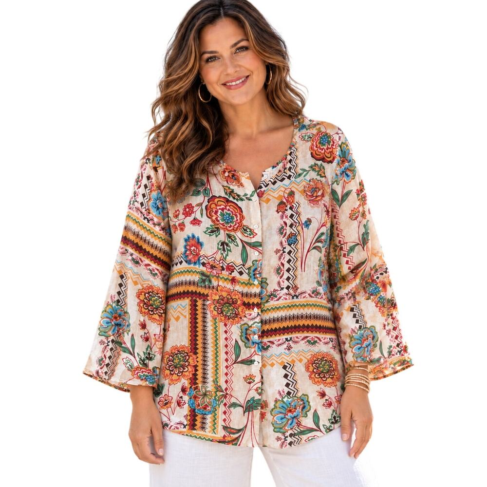 H Halston Floral Linen Button Top Womens Size 2X White Boho Coastal Blouse